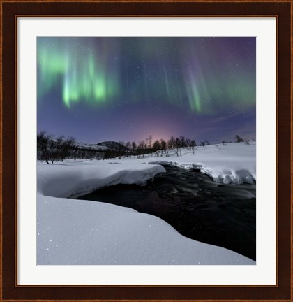 Framed Aurora Borealis over Blafjellelva RIver in Troms County, Norway Print