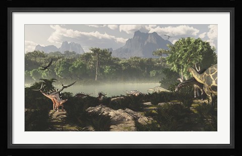 Framed Late Jurassic East Africa with a host of different animals and plants Print