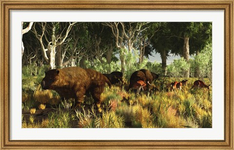 Framed Diprotodon on the edge of a Eucalyptus forest with some early kangaroos Print