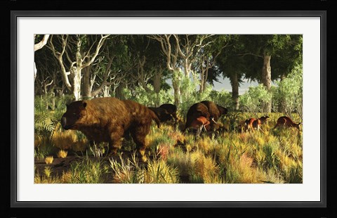 Framed Diprotodon on the edge of a Eucalyptus forest with some early kangaroos Print