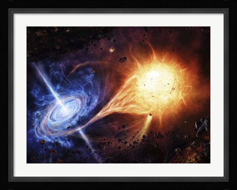 Framed binary system orbiting near a black hole Print