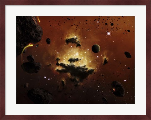 Framed nebula evaporates in the far distance of an asteroid field Print
