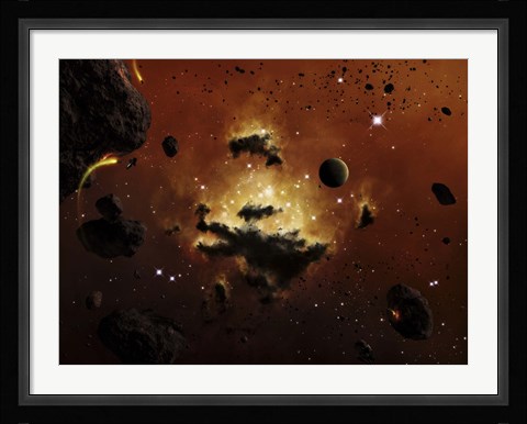 Framed nebula evaporates in the far distance of an asteroid field Print