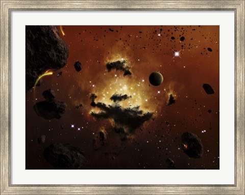 Framed nebula evaporates in the far distance of an asteroid field Print
