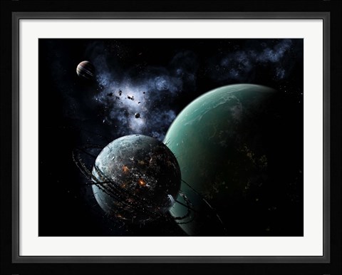 Framed massive space station orbits a large habitable moon Print