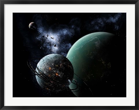 Framed massive space station orbits a large habitable moon Print
