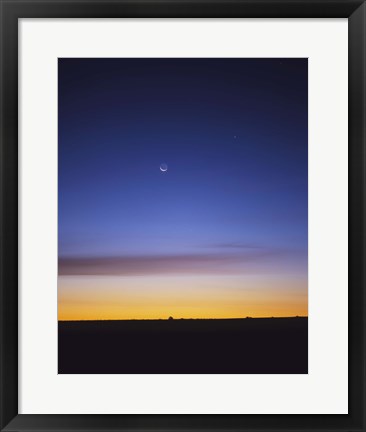 Framed Pre-dawn sky with waning crescent moon, Jupiter at top, and Mercury at lower center Print