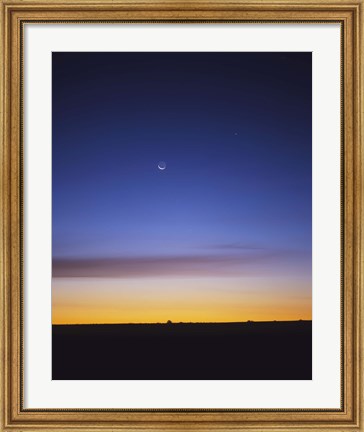 Framed Pre-dawn sky with waning crescent moon, Jupiter at top, and Mercury at lower center Print