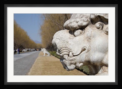 Framed Carved statues of lion creature, Changling Sacred Way, Beijing, China Print