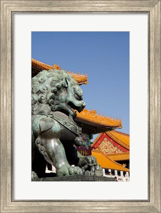 Framed Bronze mythological lion statue, Forbidden City, Beijing, China Print