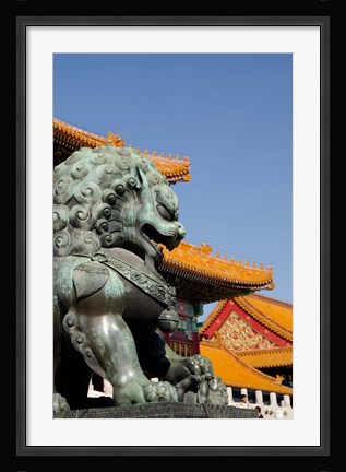 Framed Bronze mythological lion statue, Forbidden City, Beijing, China Print