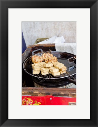 Framed China, Shanghai. Village of Zhujiajiao. Homemade snacks cooked in wok. Print
