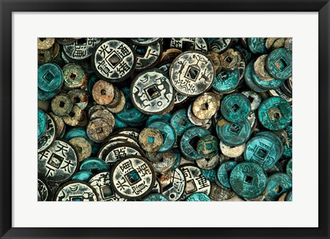 Framed Antique Chinese Coins and Reproductions at a Street Market, Shandong Province, Jinan, China Print