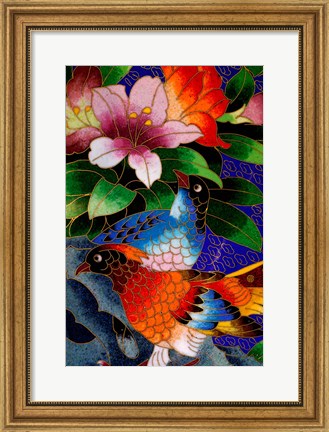 Framed Bird Cloisonne Plate, Hand Made with Tiny Copper Wires and Powered Enamel, China Print