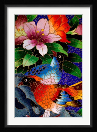 Framed Bird Cloisonne Plate, Hand Made with Tiny Copper Wires and Powered Enamel, China Print