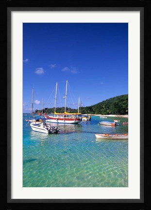 Framed Boats, beach, La Digue, Seychelle Islands Print