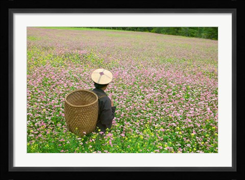 Framed Farmer in Farmland of Canola and Buckwheat, Bumthang, Bhutan Print