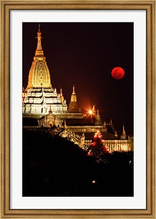 Framed Asia, Myanmar, Bagan, moon rising over Ananda temple Print