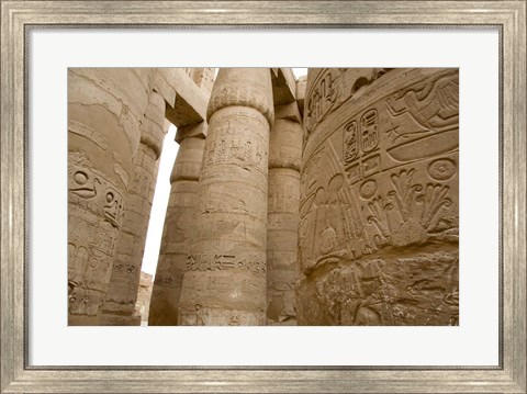 Framed Hieroglyphic covered columns in hypostyle hall, Karnak Temple, East Bank, Luxor, Egypt Print