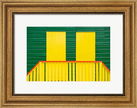 Framed Yellow and Green wooden cottages, Muizenberg Resort, Cape Town, South Africa Print