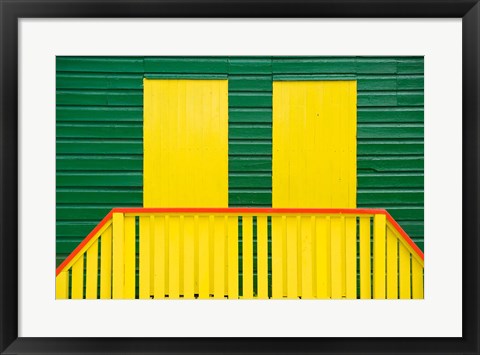 Framed Yellow and Green wooden cottages, Muizenberg Resort, Cape Town, South Africa Print