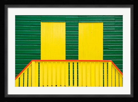 Framed Yellow and Green wooden cottages, Muizenberg Resort, Cape Town, South Africa Print