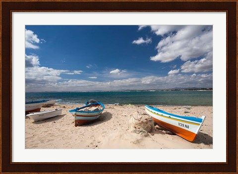 Framed Fishing boats on beach, Hammamet, Cap Bon, Tunisia Print