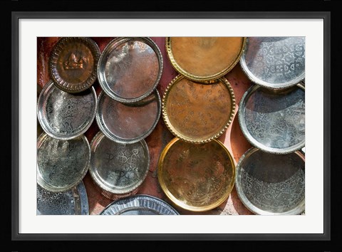 Framed Brass plates for sale in the Souk, Marrakech (Marrakesh), Morocco, North Africa Print