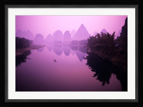 Framed Fisherman on Raft in Li River, Yangshou, Guanxi, China Print