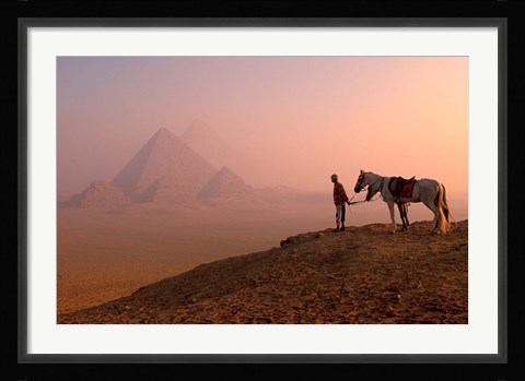 Framed Dawn View of Guide and Horses at the Giza Pyramids, Cairo, Egypt Print