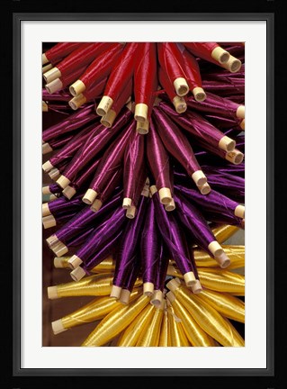 Framed Colorful Spools of Thread Hang in the Market, Fes, Morocco Print