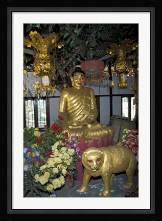 Framed Gold Tiger and Bhuddha Sculpture at the Golden Temple, China Print
