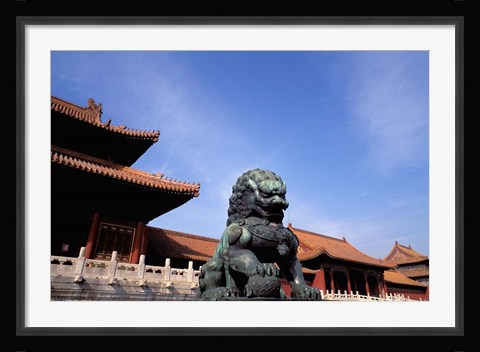 Framed Bronze lion statue, , Forbidden City, China Print