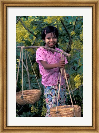 Framed Girl with Painted Face Carrying Basket on Shoulder Pole, Myanmar Print