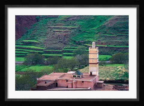 Framed Geometric Tilework on Mosque Minaret, Morocco Print