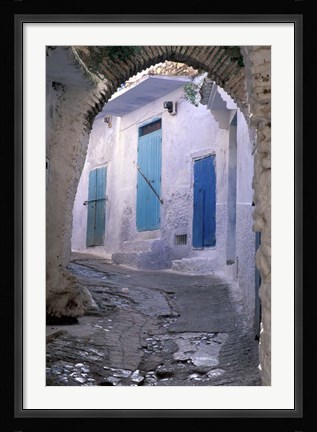 Framed Blue Doors and Whitewashed Wall, Morocco Print