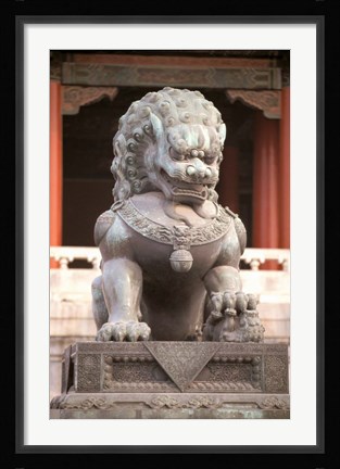 Framed China, Beijing, Forbidden City. Bronze lion statue Print
