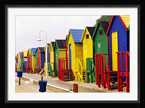 Framed Colorful Changing Houses, False Bay Beach, St James, South Africa Print