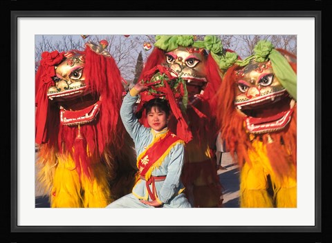 Framed Girl Playing Lion Dance for Chinese New Year, Beijing, China Print