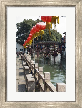 Framed Boat in canal with old wooden bridge, Zhujiajiao, Shanghai, China Print