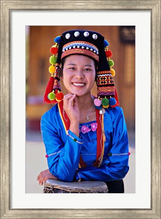 Framed China, Yunnan, Young De&#39;ang Woman portrait with Drum Print