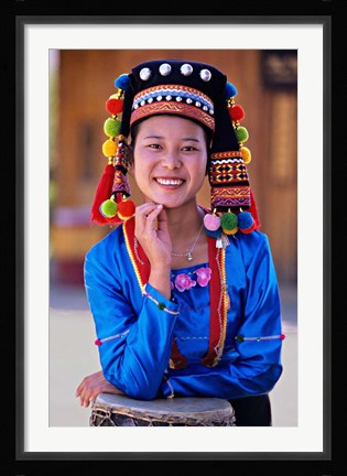 Framed China, Yunnan, Young De'ang Woman portrait with Drum Print