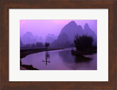 Framed Aerial Scenic of the Fishermen and Limestone Mountains, Gulin, China Print