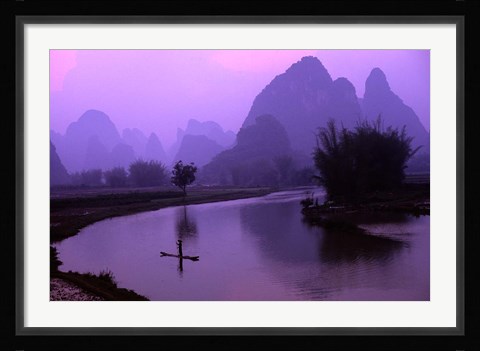 Framed Aerial Scenic of the Fishermen and Limestone Mountains, Gulin, China Print
