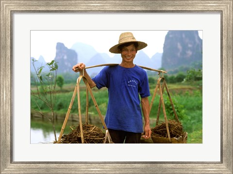 Framed Colorful Portrait of Rice Farmer in Yangshou, China Print
