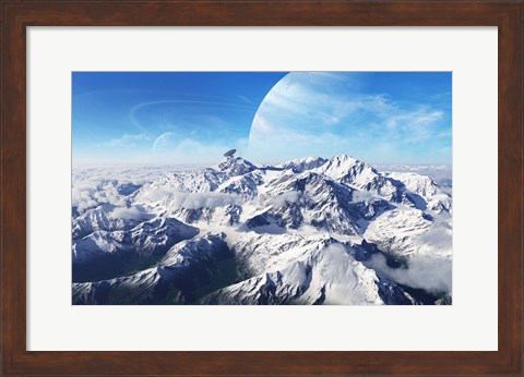 Framed gas giant rises in the distance over a massive slumbering volcano Print