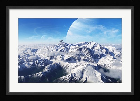 Framed gas giant rises in the distance over a massive slumbering volcano Print