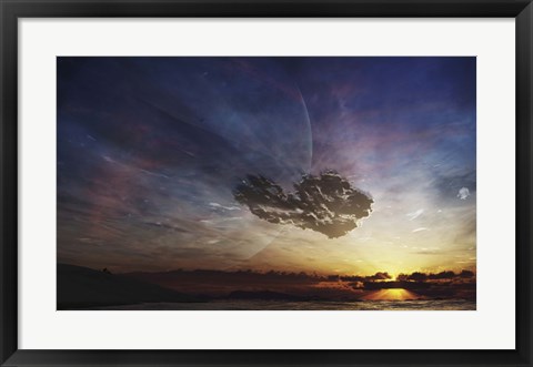 Framed despairing man sits on the beach, watching as the sun sets on his heart Print