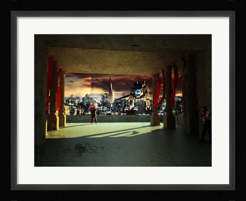 Framed woman spys from the shadows as a utility craft swoops into view Print