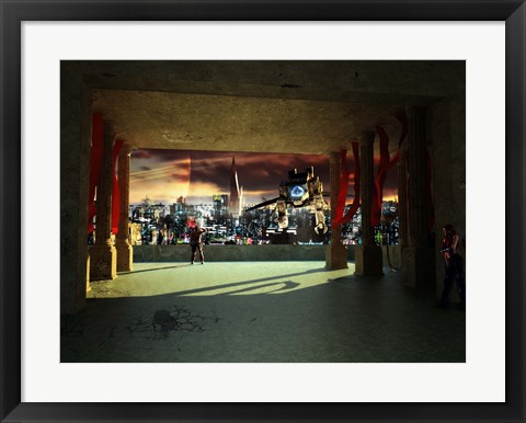 Framed woman spys from the shadows as a utility craft swoops into view Print